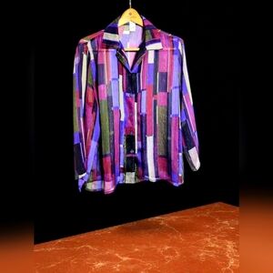 Vintage Metallic L Multi Color Geometric Button-Up Blouse